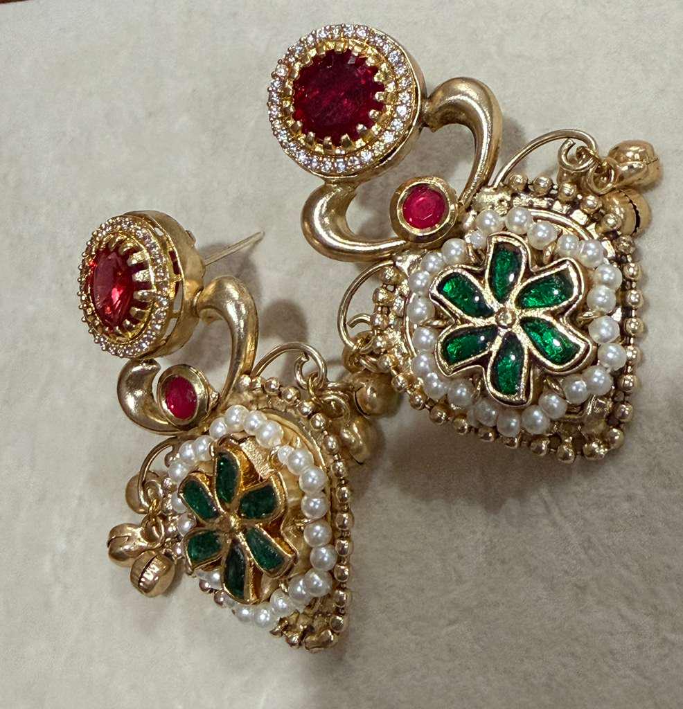 Red Green Kundan Floral Earrings: Indian Bridal Statement Jewelry