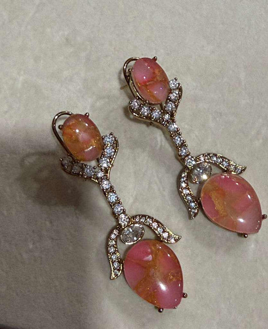 Pink Oval Stone Drop Earrings, Gold-Tone Crystal Accents, Bridal Statement Jewelry