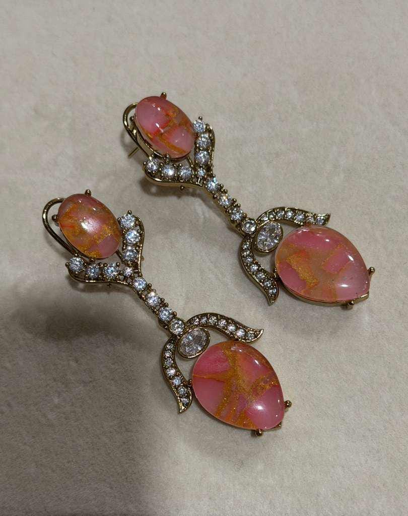 Pink Oval Stone Drop Earrings, Gold-Tone Crystal Accents, Bridal Statement Jewelry