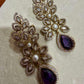 Purple Teardrop Crystal Floral Statement Earrings – Gold Bridal Drop Jewelry