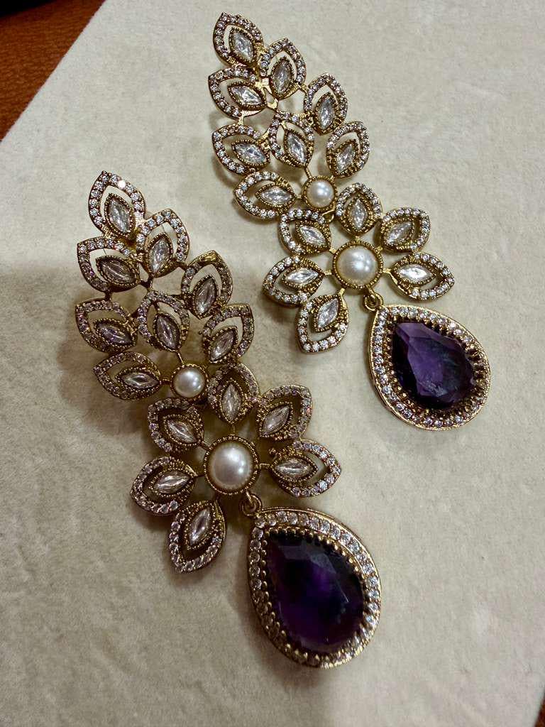 Purple Teardrop Crystal Floral Statement Earrings – Gold Bridal Drop Jewelry
