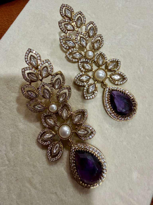 Purple Teardrop Crystal Floral Statement Earrings – Gold Bridal Drop Jewelry