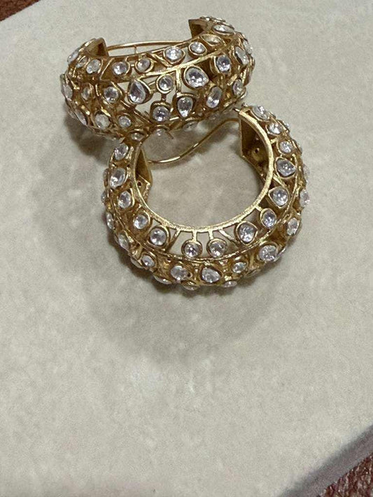 Gold Tone Kundan Hoop Earrings Bridal Polki Hoops