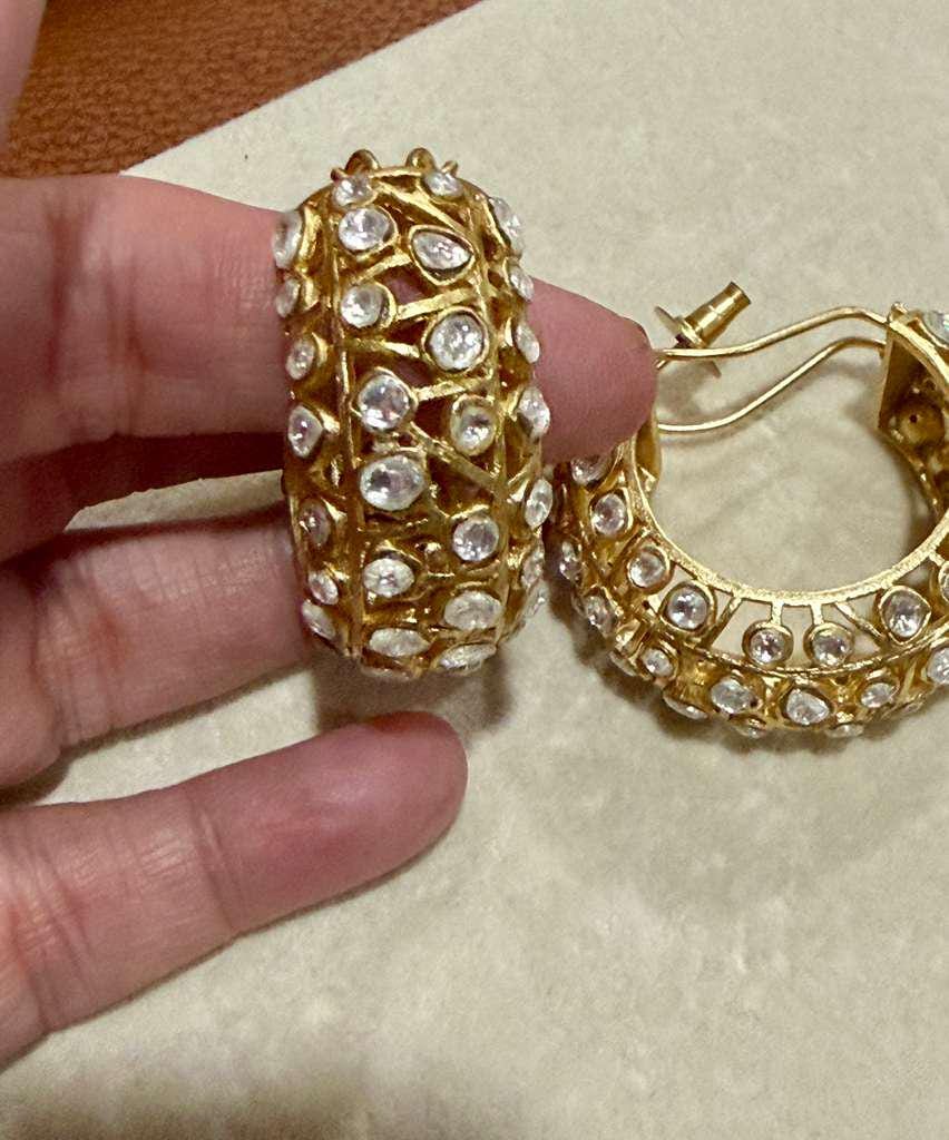 Gold Tone Kundan Hoop Earrings Bridal Polki Hoops
