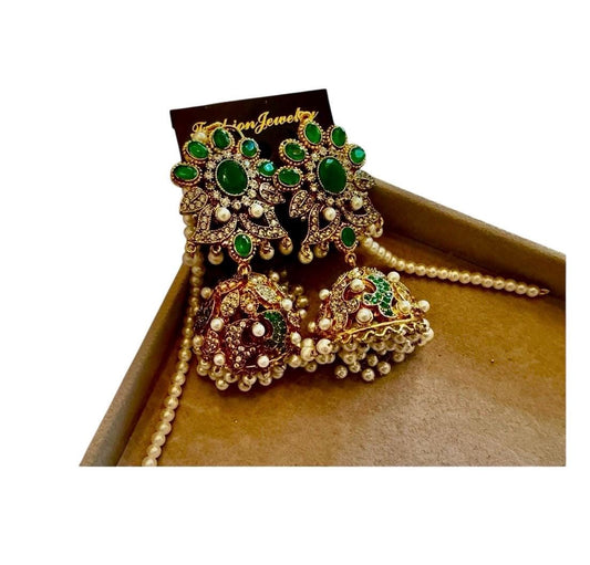 Zarina Emerald Jhumka Earrings GOld Tone Pearl Drop Indian Bridal Earrings