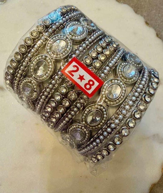 Silver Crystal Bangle Set 2.8 Bridal Kada Stack Rhinestone Bangles two hands set.