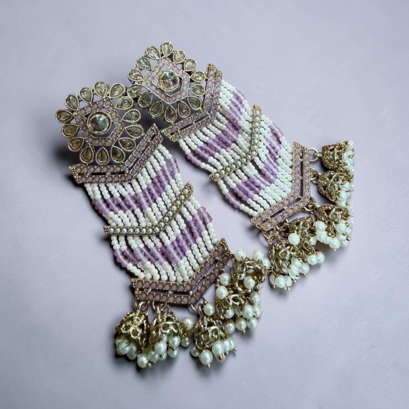 Beaded Jhumka Earrings Pink White Bridal Statement Earrings