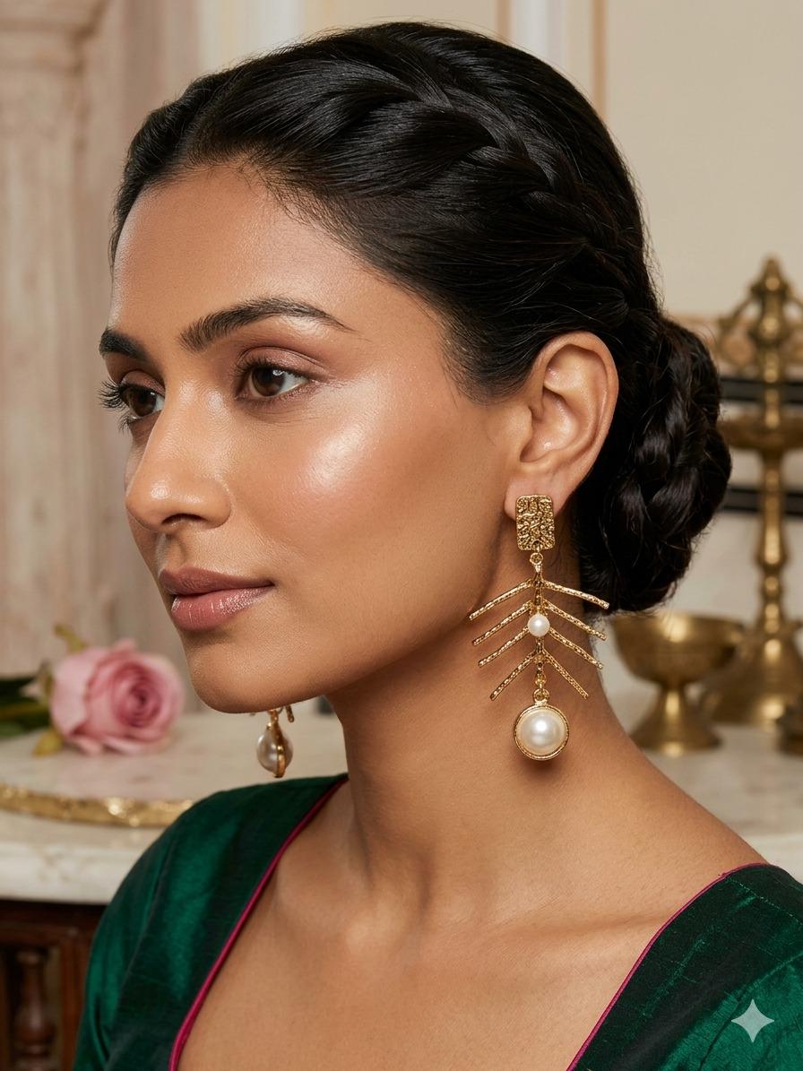 Gold Tone Branch Pearl Earrings Nature Inspired Statement Drops
