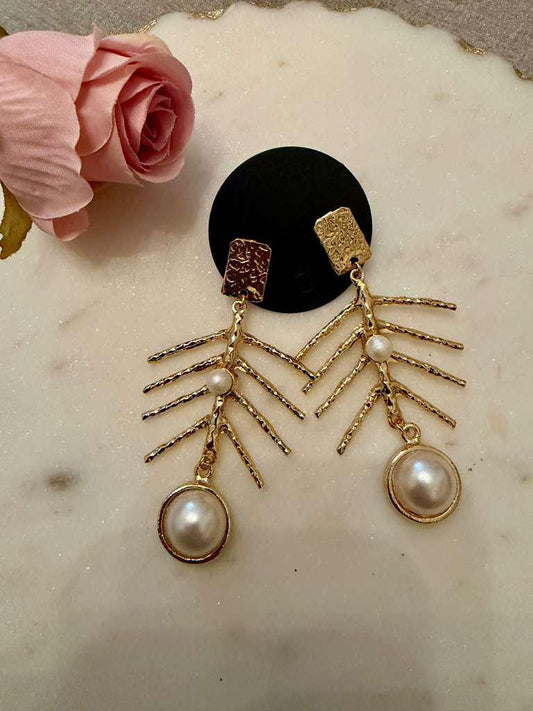 Gold Tone Branch Pearl Earrings Nature Inspired Statement Drops