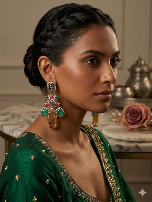 Gold Tone Multicolor Gemstone Statement Earrings Vintage Floral Drop Earrings