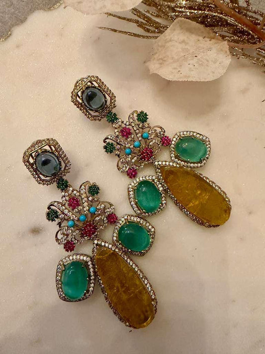 Gold Tone Multicolor Gemstone Statement Earrings Vintage Floral Drop Earrings