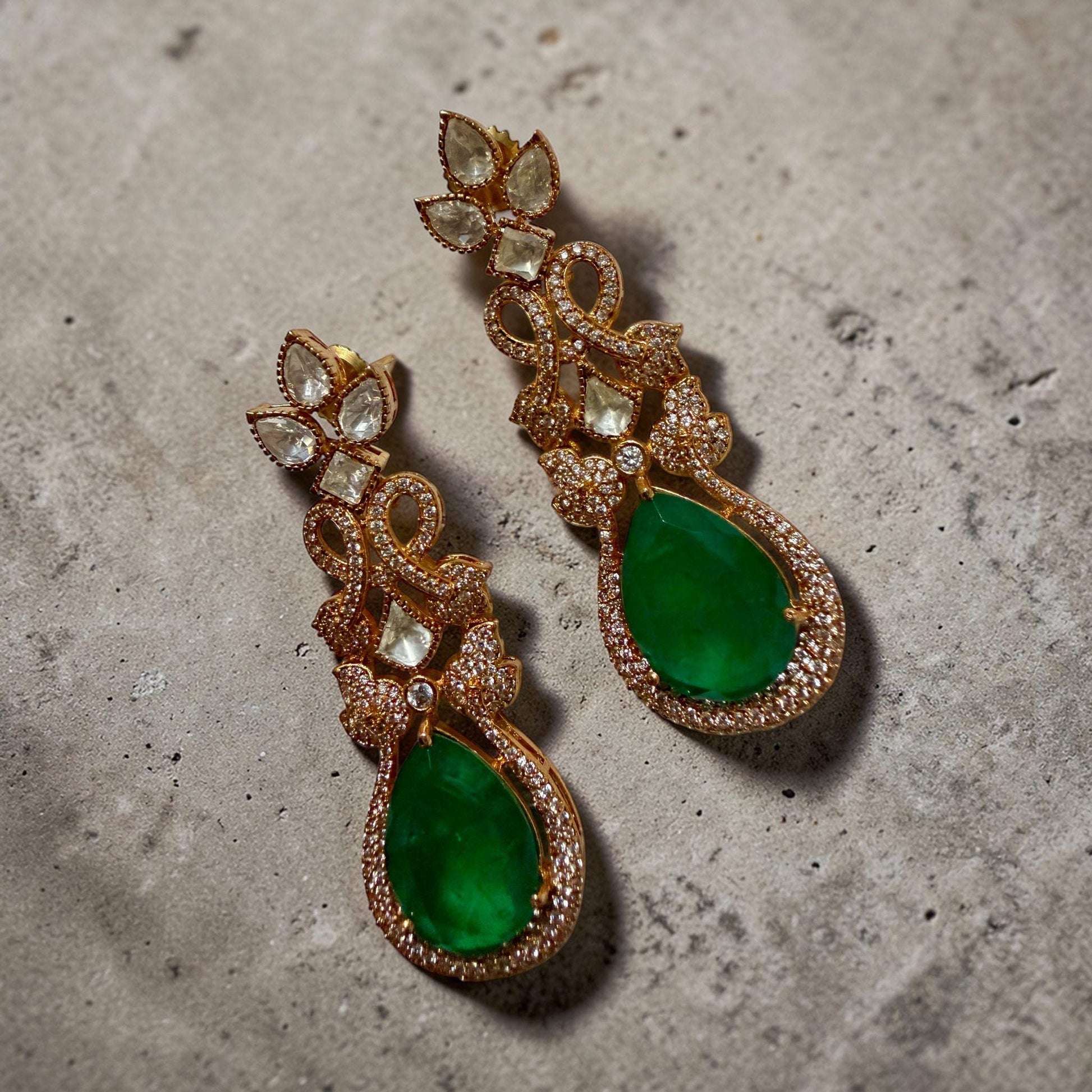 Gold Tone Emerald Green Drop Earrings Vintage Crystal Statement