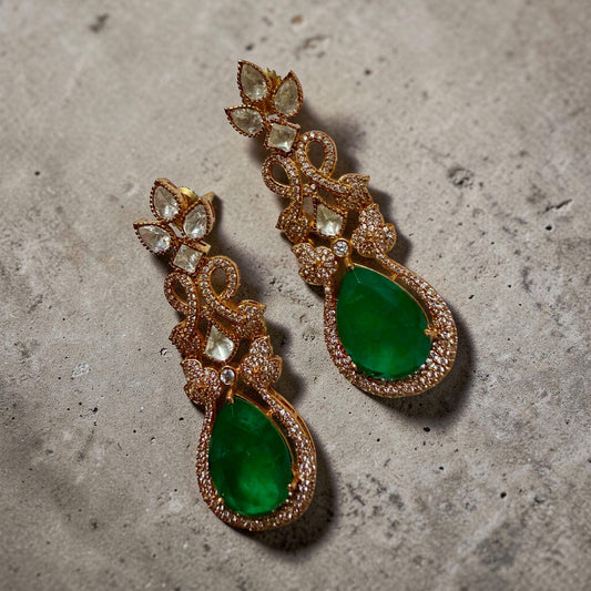 Gold Tone Emerald Green Drop Earrings Vintage Crystal Statement