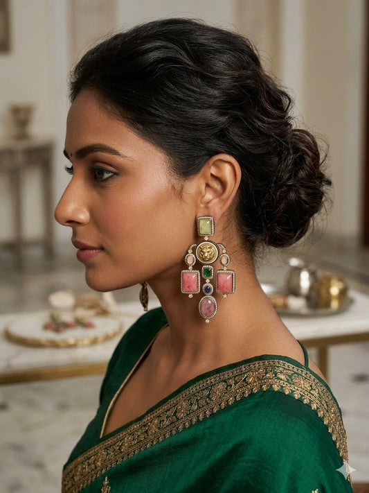 Gold Tone Lion Motif Multicolor Gemstone Statement Earrings Sabya sachi inspired