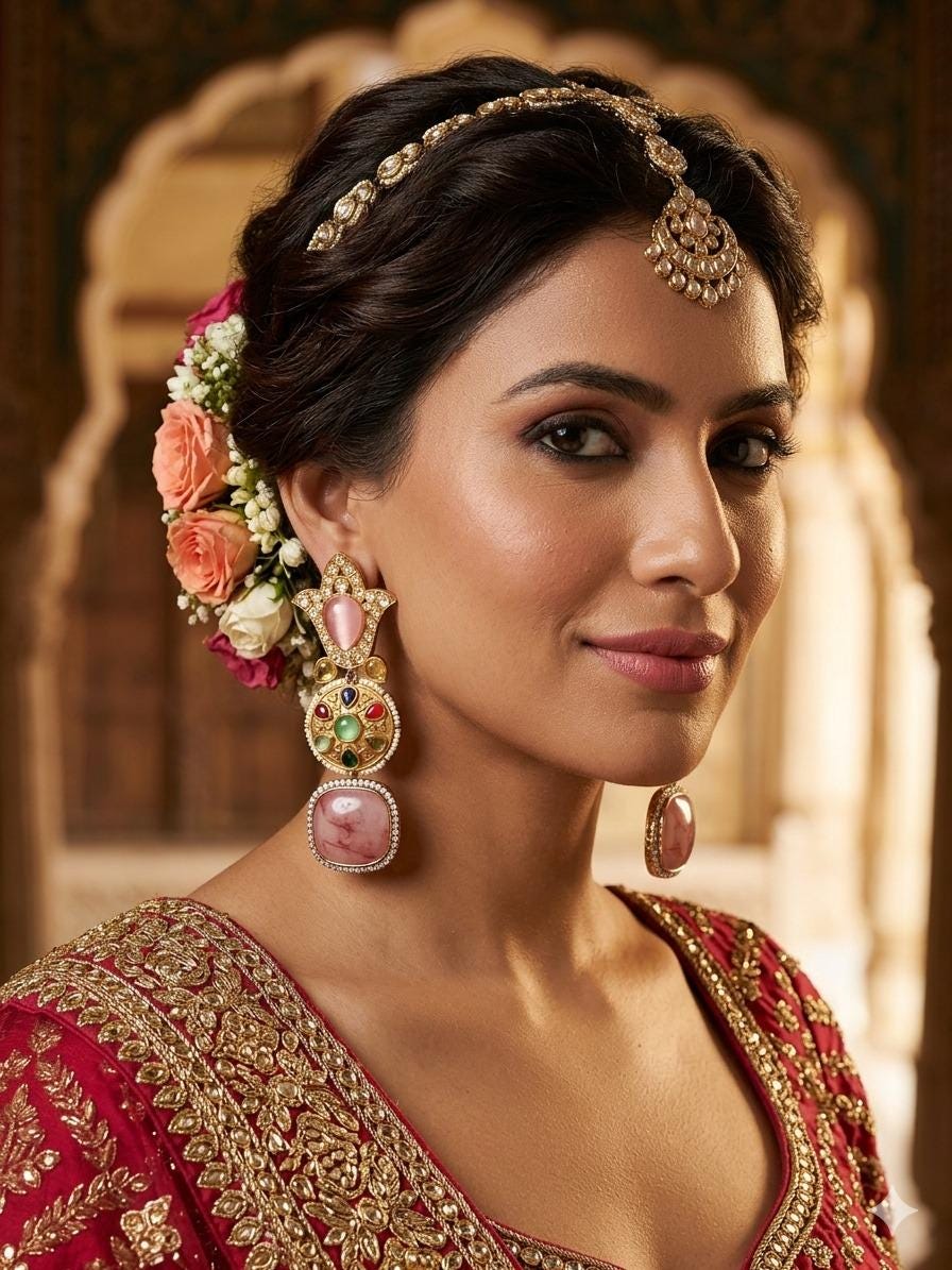 Gold Tone Multicolor Gemstone Statement Earrings Pink