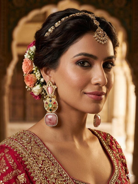 Gold Tone Multicolor Gemstone Statement Earrings Pink