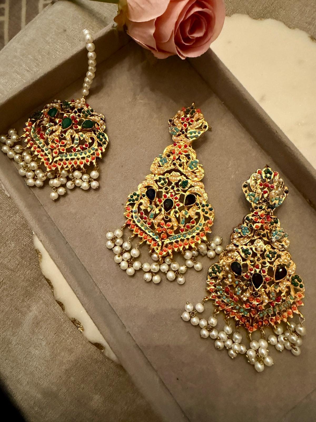 Gold Tone Kundan Pearl Jewelry Set: Statement Earrings, Maang Tikka, Bridal Indian Wedding