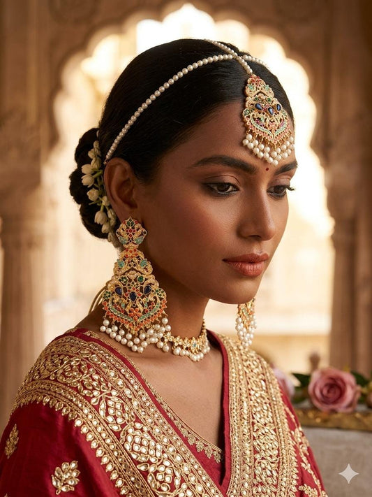 Gold Tone Kundan Pearl Jewelry Set: Statement Earrings, Maang Tikka, Bridal Indian Wedding
