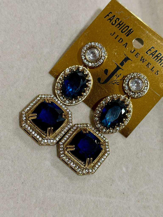 Blue Geometric Statement Earrings, Gold CZ Sapphire Drop Dangle Style