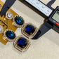 Blue Geometric Statement Earrings, Gold CZ Sapphire Drop Dangle Style