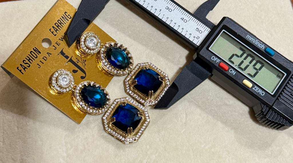 Blue Geometric Statement Earrings, Gold CZ Sapphire Drop Dangle Style