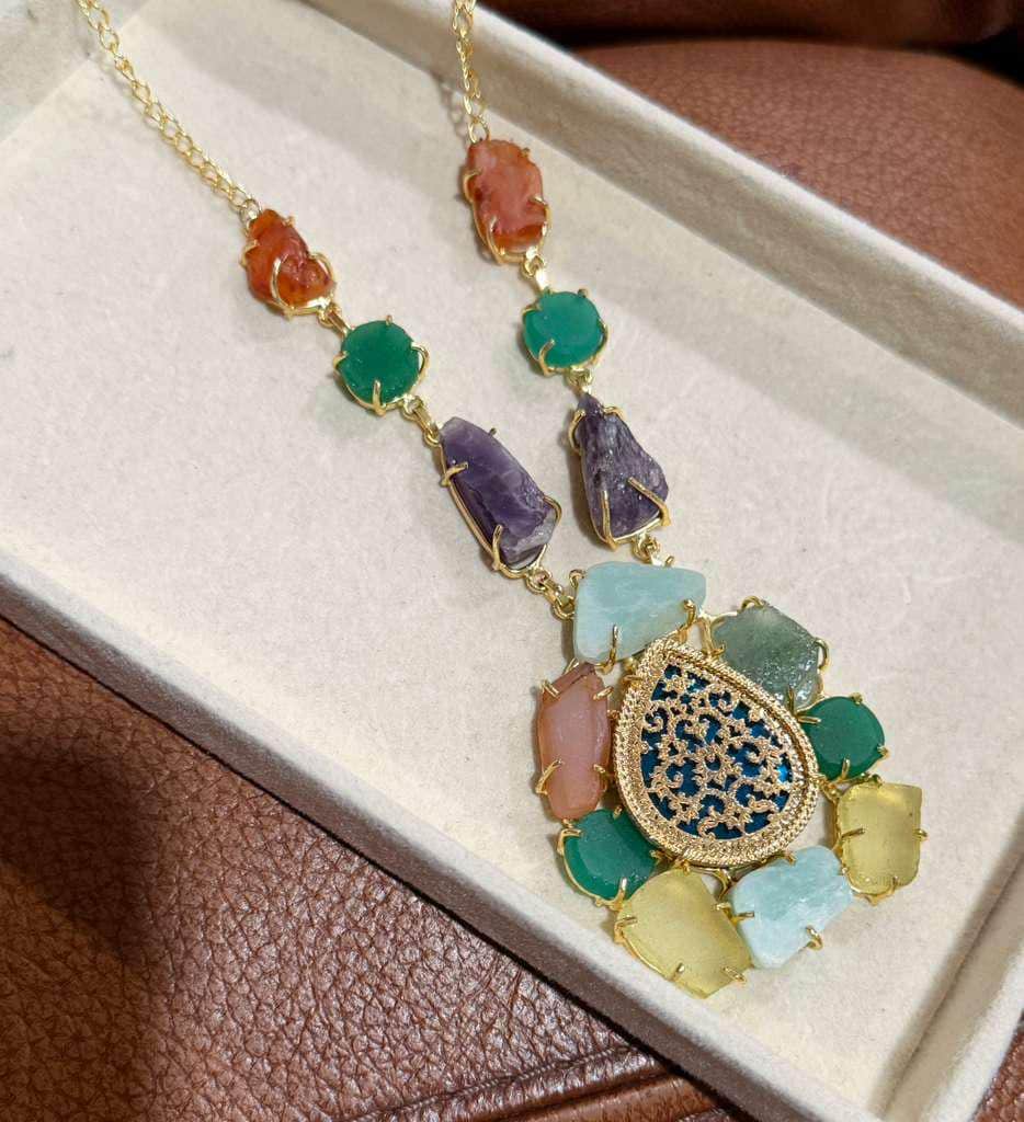 Multicolor Natural Stone Statement Necklace and Earrings Set – Boho Gold-Tone Jewelry