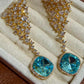 Blue CZ Stone Drop Earrings: Gold Bridal Wedding Statement Jewelry