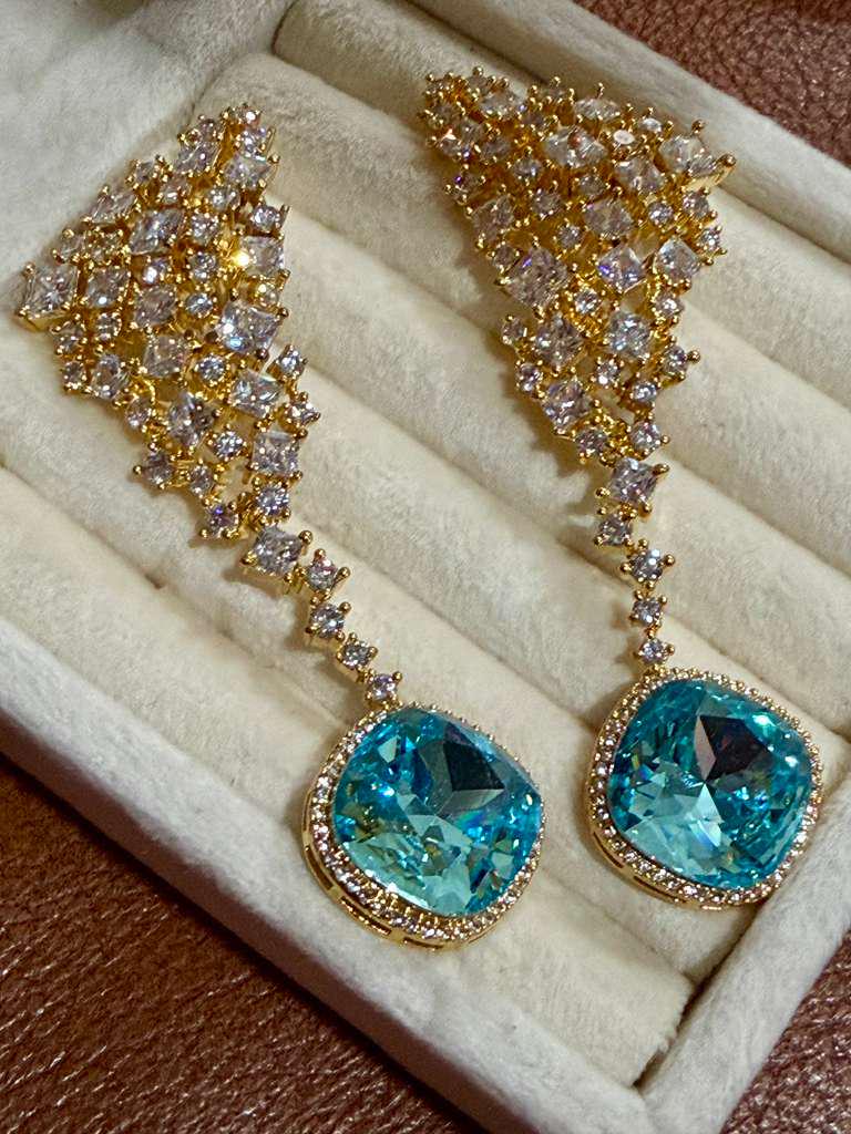 Blue CZ Stone Drop Earrings: Gold Bridal Wedding Statement Jewelry
