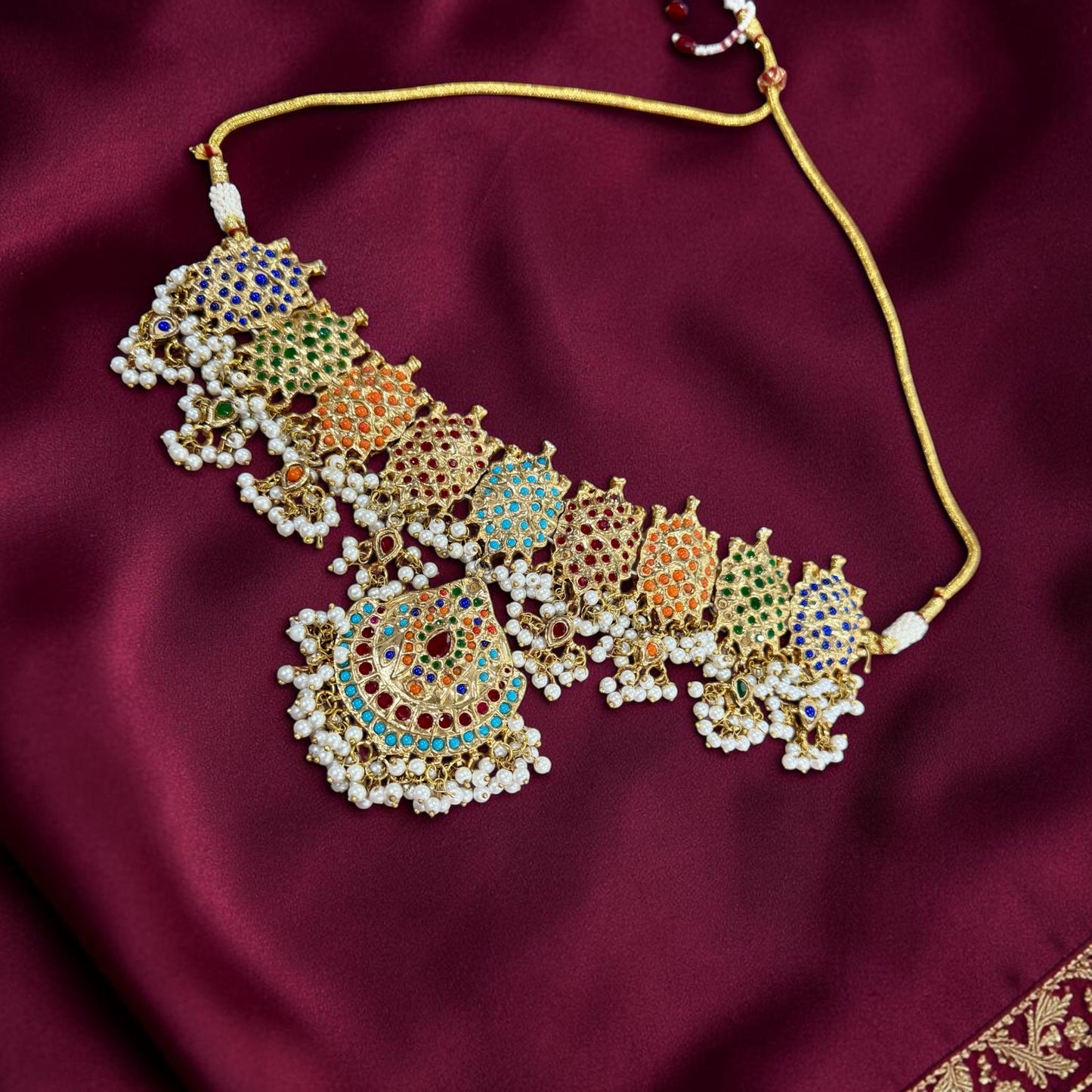 Bollywood Jadao Set: Gold Plated Necklace, Earrings, Tikka with Semi-Precious Stones