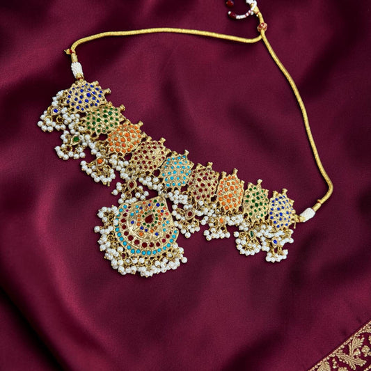 Bollywood Jadao Set: Gold Plated Necklace, Earrings, Tikka with Semi-Precious Stones