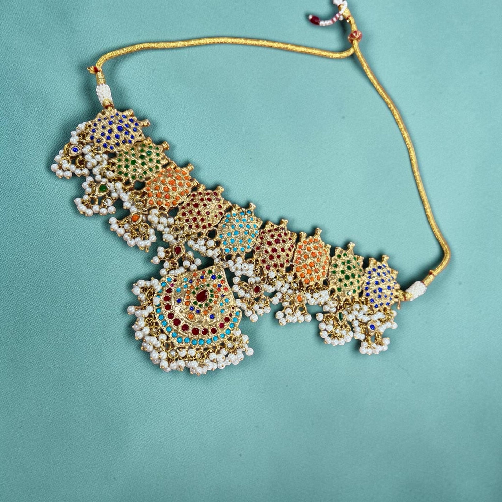 Bollywood Jadao Set: Gold Plated Necklace, Earrings, Tikka with Semi-Precious Stones