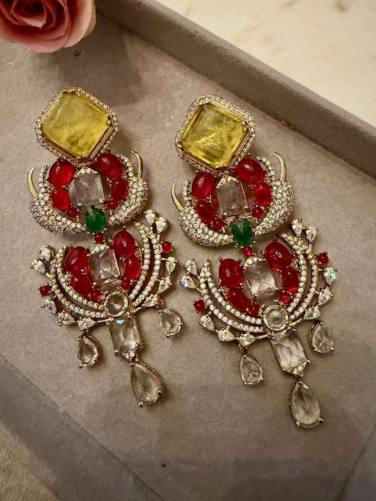 Gold Tone Multicolor Statement Earrings Red Green Cz Chandelier Earrings high end designer