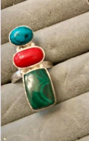 Silver plated natural Multi Stone Statement Ring Adjustable Gemstone Ring Turquoise Coral