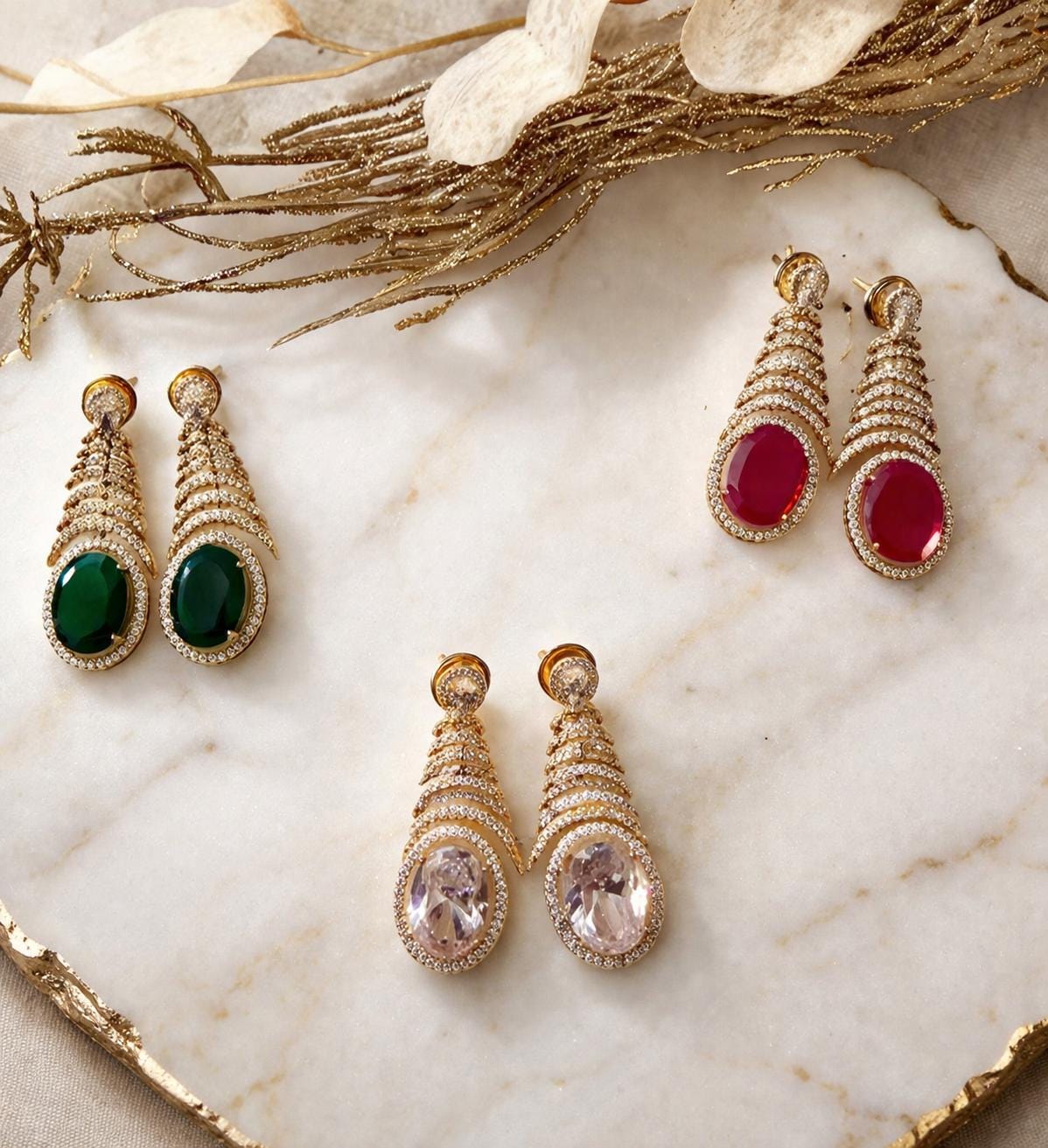 Gold Tone Teardrop Statement Earrings: Crystal Bridal Drop (3 Colors)