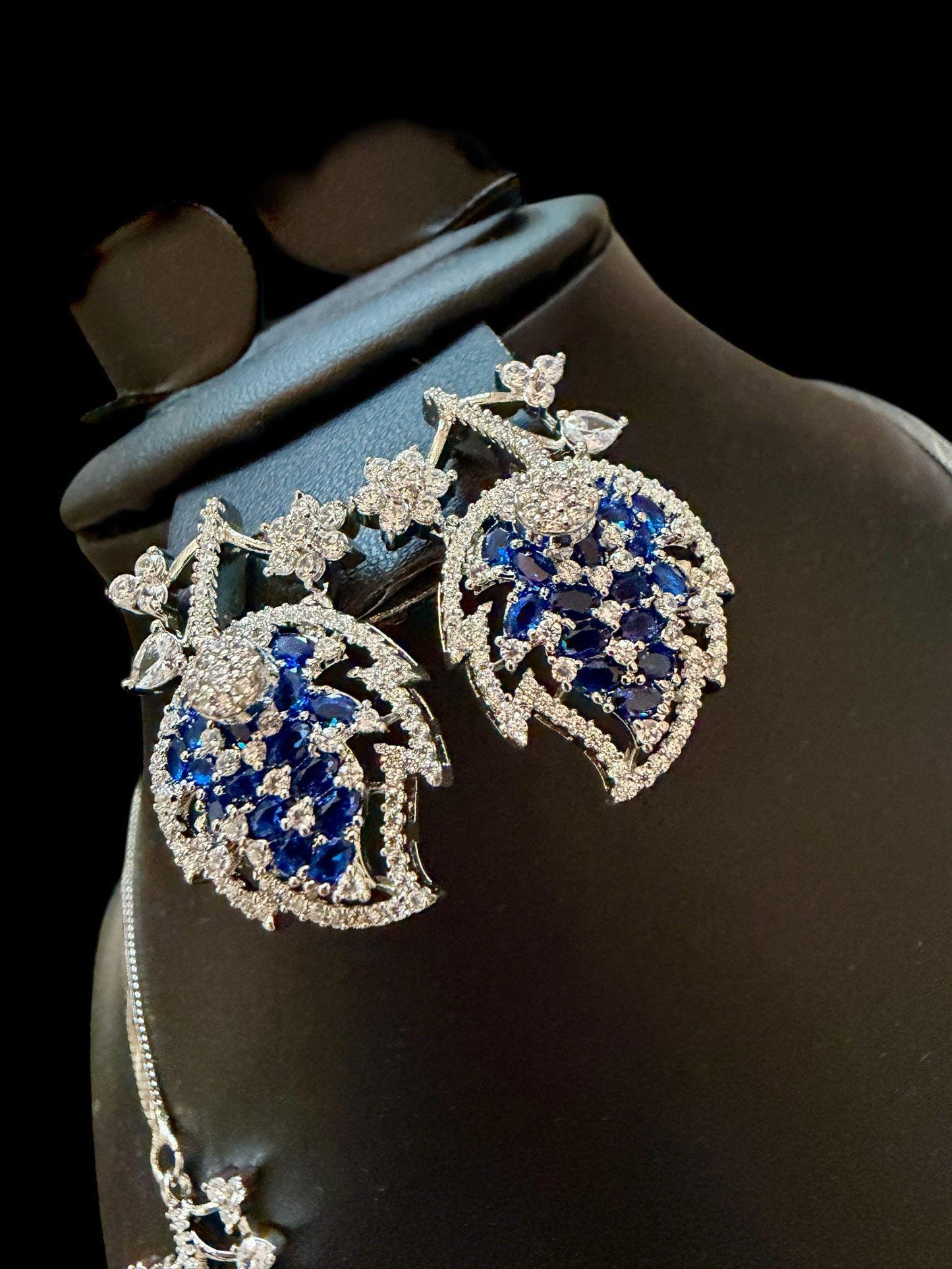 Midnight Sapphire Leaf Necklace Set Silver Tone Crystal Jewelry Blue Stone Bridal Set