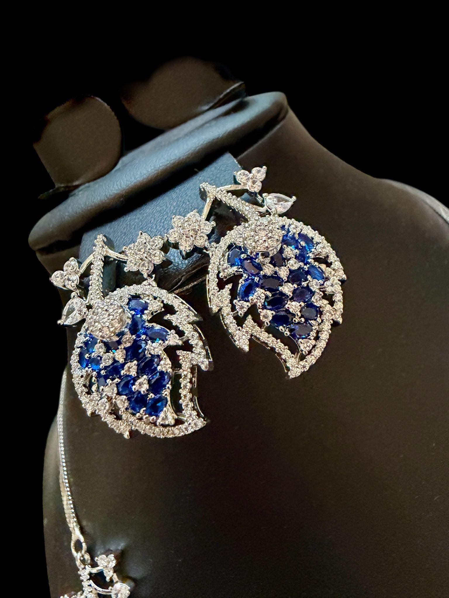 Midnight Sapphire Leaf Necklace Set Silver Tone Crystal Jewelry Blue Stone Bridal Set