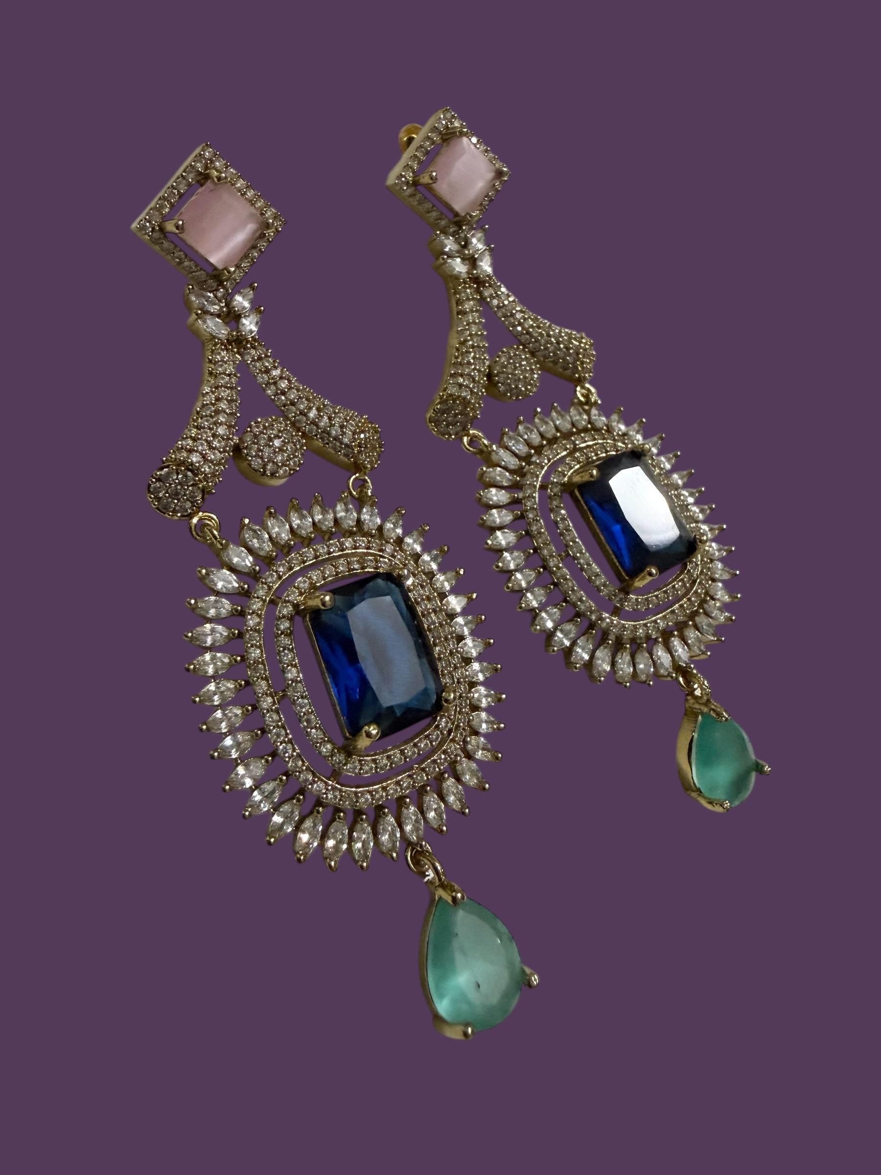 Bollywood Indian Designer Earrings, Antique Gold Multi Finish, Victorian Style, Semi-Precious Stones