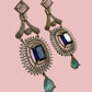 Bollywood Indian Designer Earrings, Antique Gold Multi Finish, Victorian Style, Semi-Precious Stones