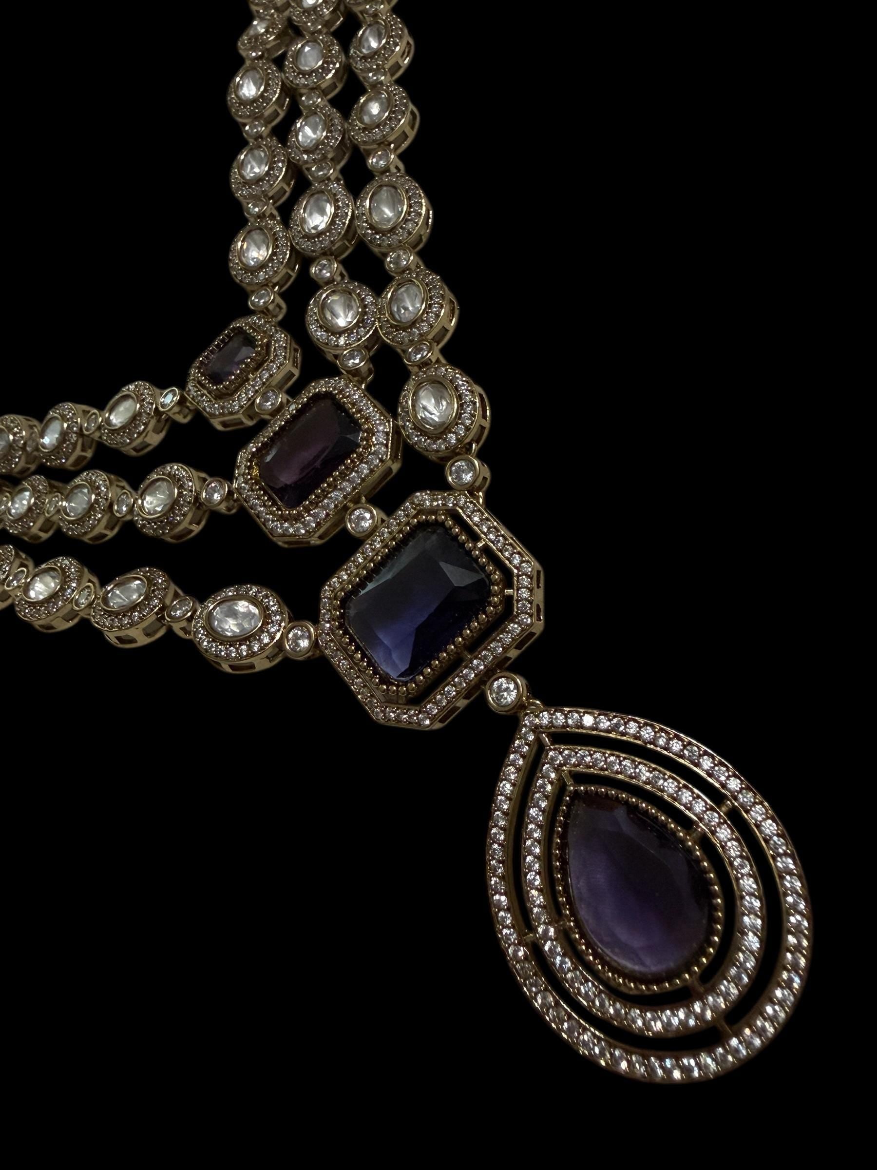 Bollywood Triple Layer Necklace Set, Kundan Stone, Amethyst, Antique Gold Finish