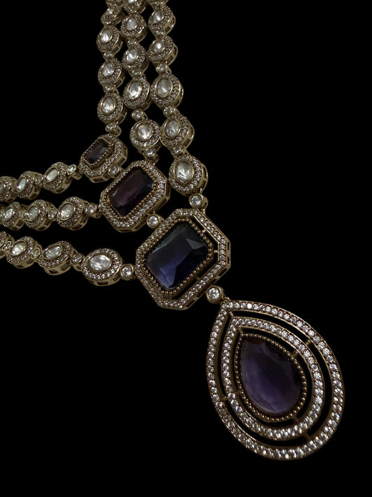Bollywood Triple Layer Necklace Set, Kundan Stone, Amethyst, Antique Gold Finish