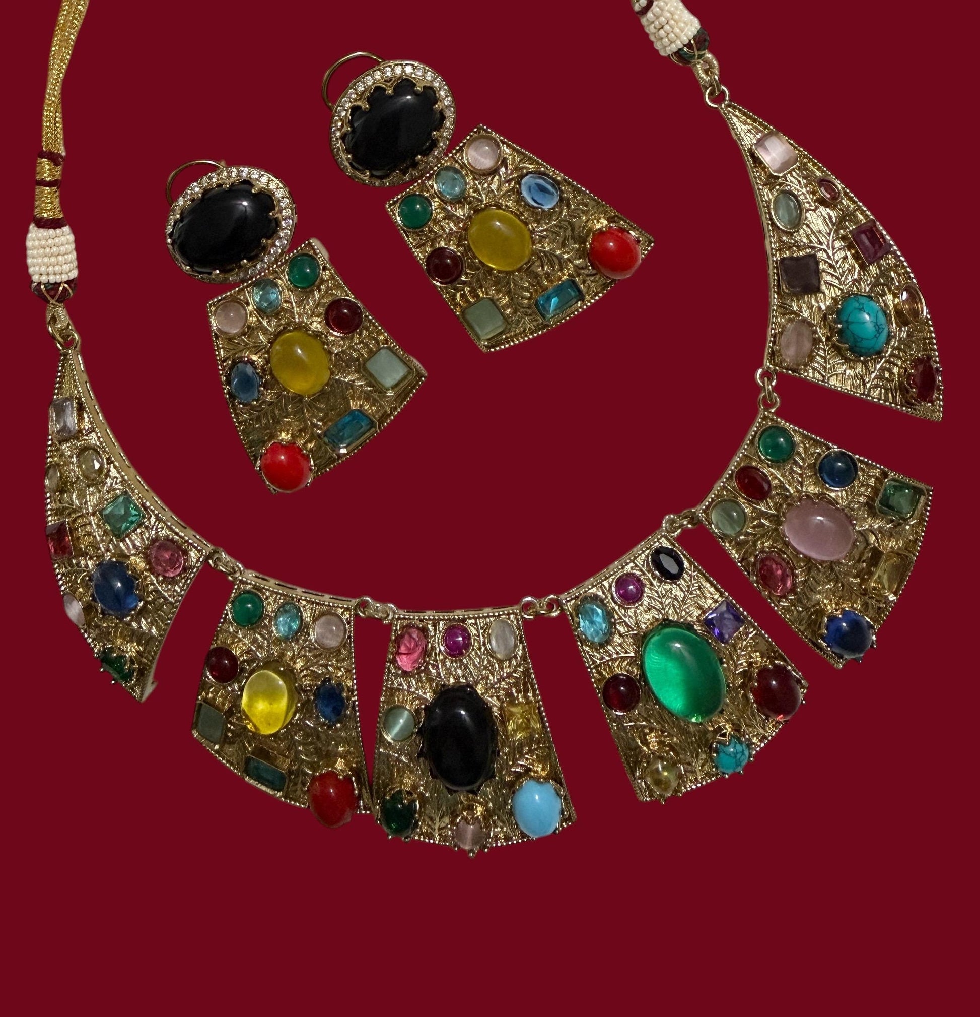 Bollywood statement Bold Indian Jewelry Set, Multi Stone Gold Plated.