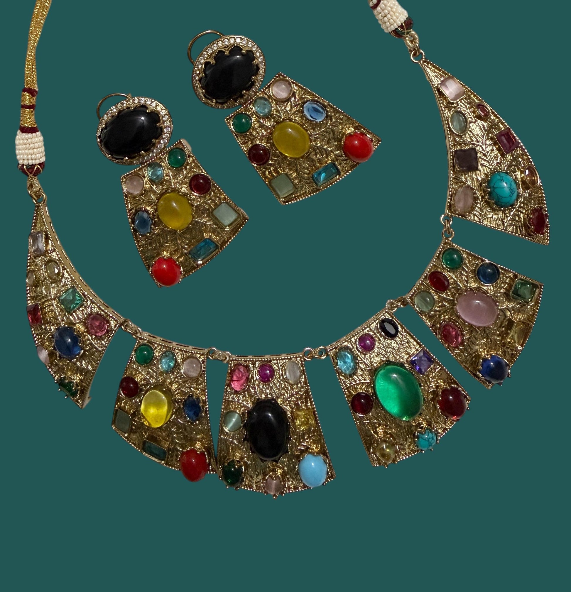 Bollywood statement Bold Indian Jewelry Set, Multi Stone Gold Plated.