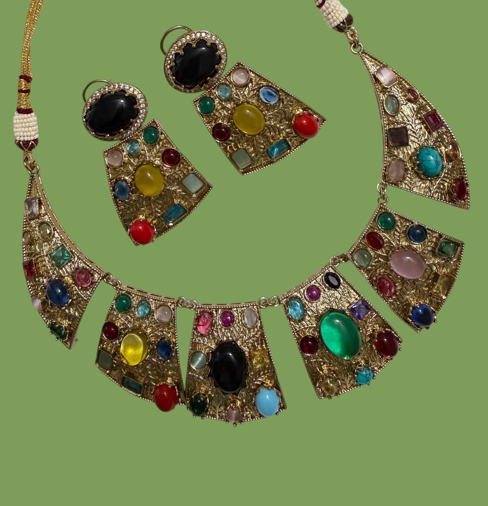 Bollywood statement Bold Indian Jewelry Set, Multi Stone Gold Plated.