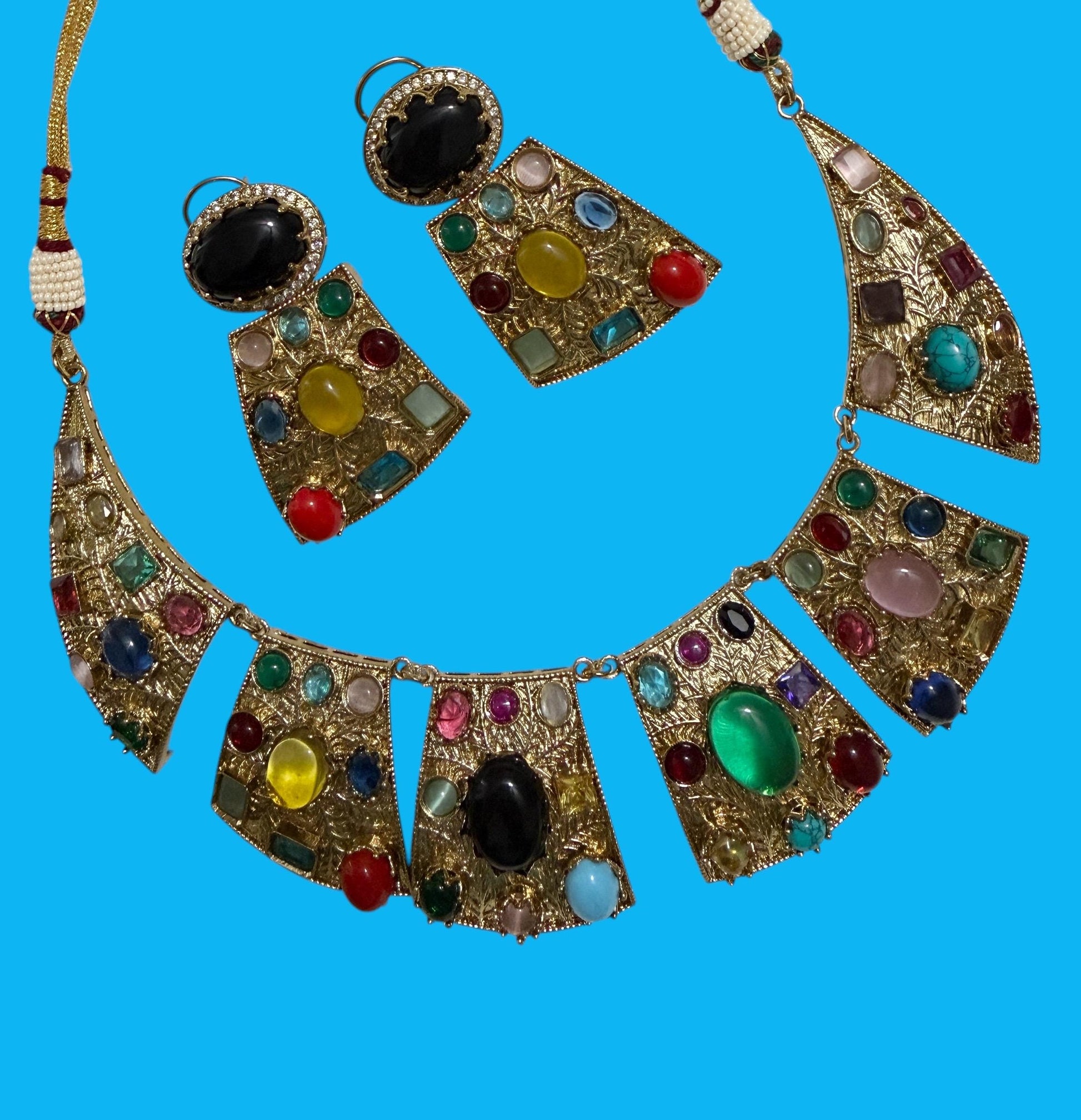 Bollywood statement Bold Indian Jewelry Set, Multi Stone Gold Plated.