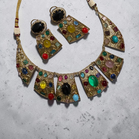 Bollywood statement Bold Indian Jewelry Set, Multi Stone Gold Plated.