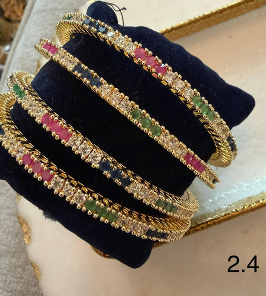Multicolor Stone Gold Bangles Set 2.4 Indian Bridal Kada Stack Crystal CZ Wedding Bangles