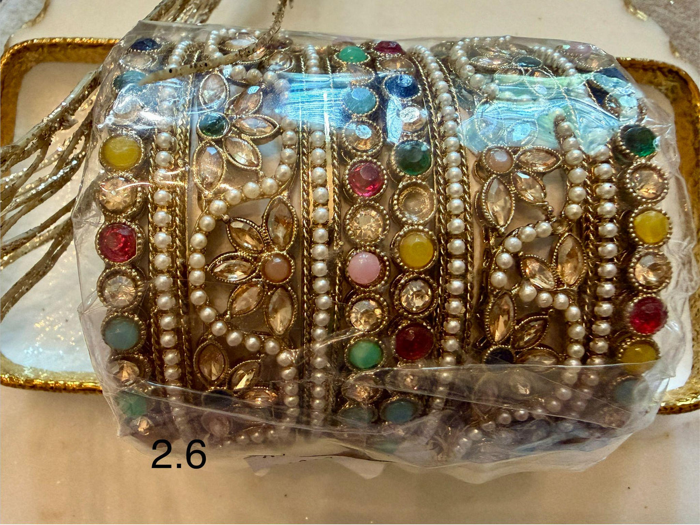 Multicolor Pearl Bridal Bangle Set two hands  2.6 Gold Tone Kundan Bangles