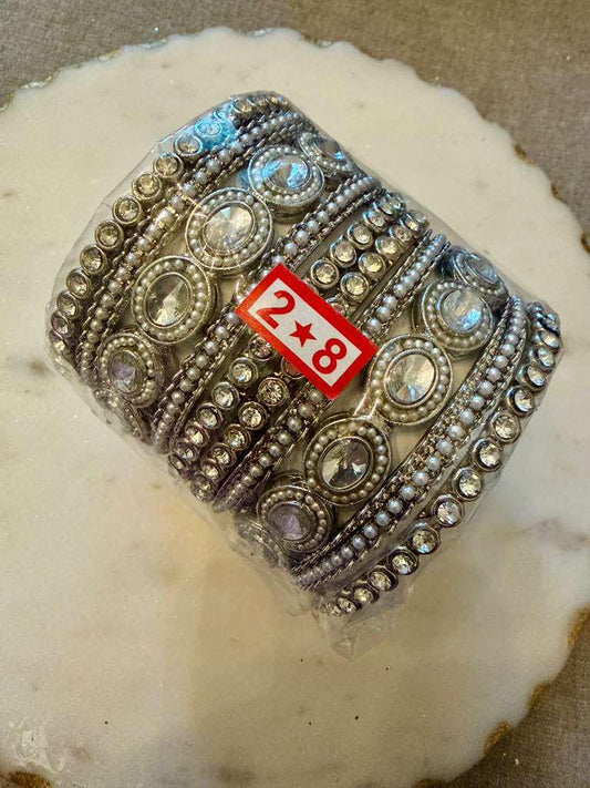 Silver Crystal Bangle Set 2.8 Bridal Kada Stack Rhinestone Bangles two hands set.