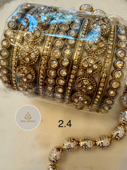 Antique Gold Crystal Bangle Set: Vintage Bridal Kada Stack (Size 2.4)