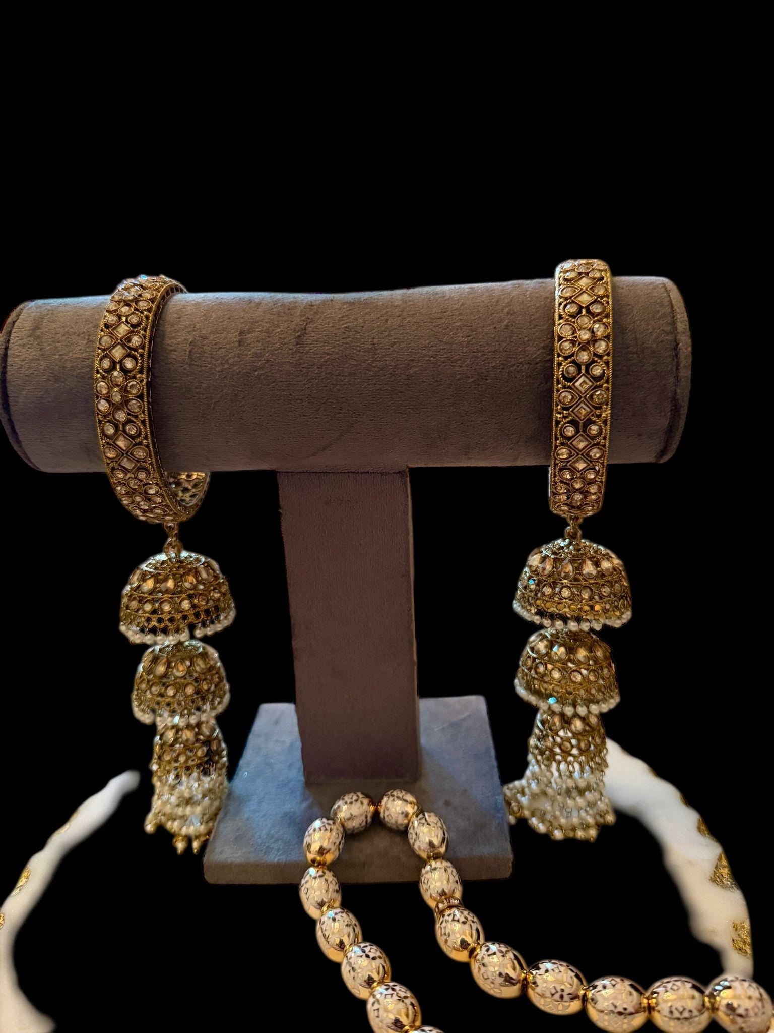 Antique Gold Tone Jhumka Bangle Set Indian Bridal Kada with jhumka